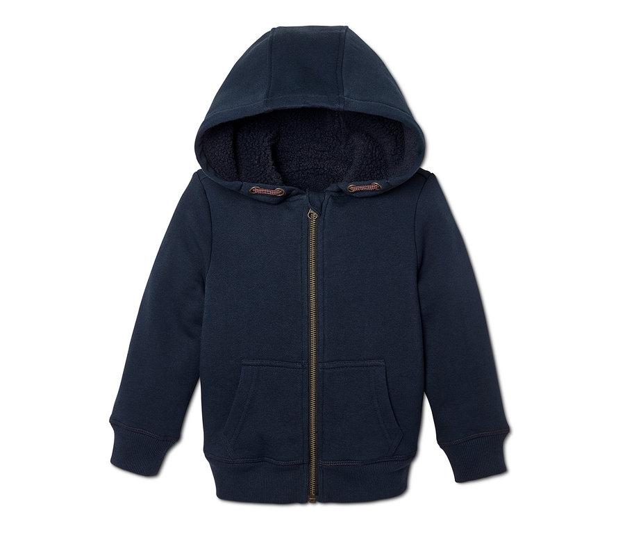 Marineblaue Kapuzen-Sweatjacke mit Reißverschluss und Taschen.