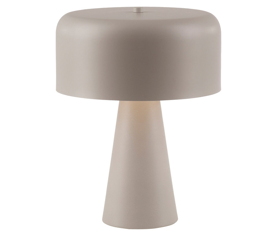 Beige Tischlampe mit konischem Fuß und zylindrischem Schirm.