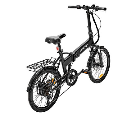 Schwarzes faltbares E-Bike mit Gepäckträger.