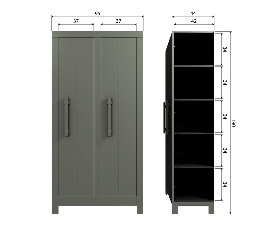 Woood Schrank »Bobby«, Kiefer Forest, zweitürig mit Regalen und Maßen.