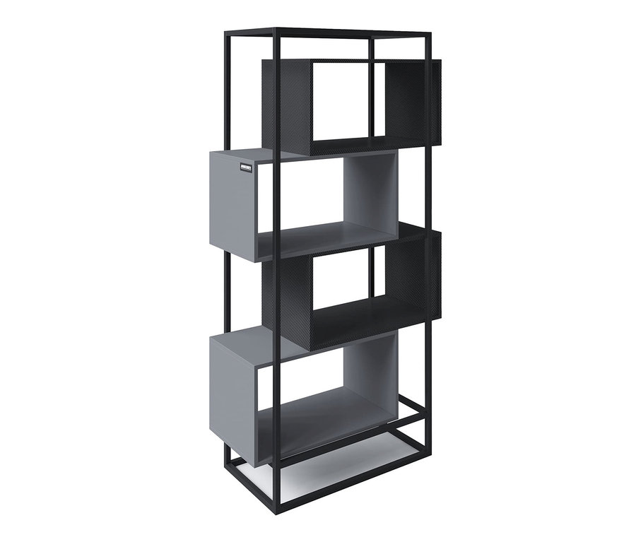 Schwarzes Metallgestell hält graue und schwarze Regale roba Minecraft Bücherregal mit 4 Fächern.