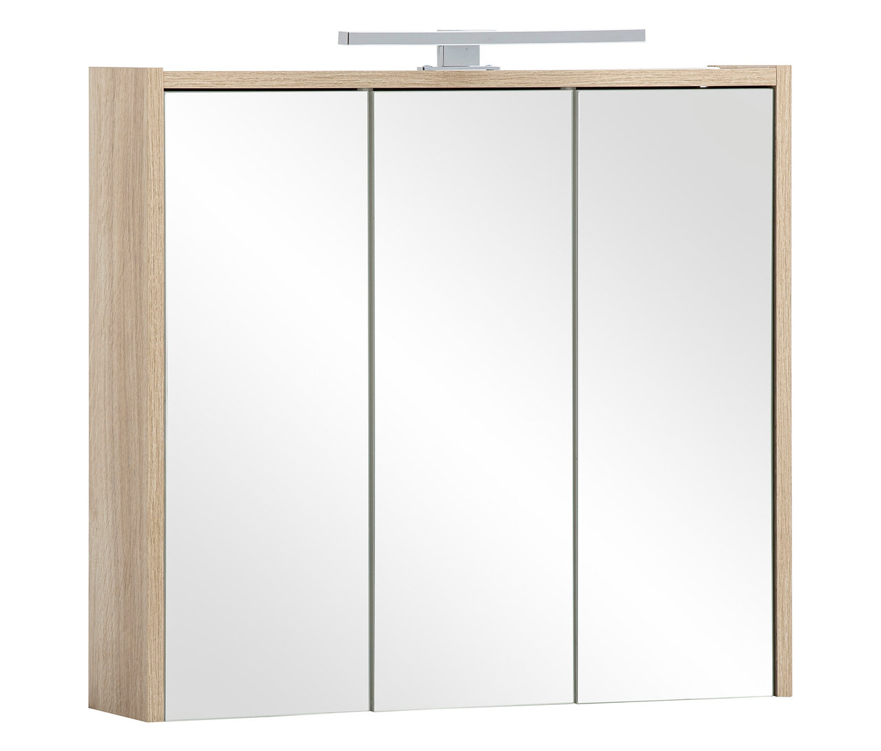 Geschlossener Spiegelschrank »Sander« in Weißeeiche mit drei Spiegeltüren und Beleuchtung oben.