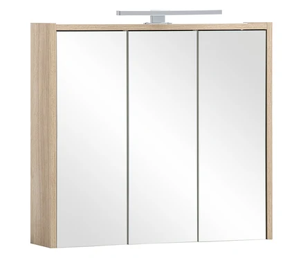 Geschlossener Spiegelschrank »Sander« in Weißeeiche mit drei Spiegeltüren und Beleuchtung oben.