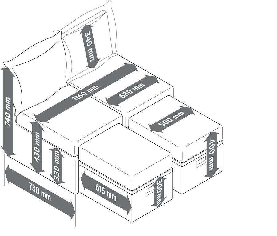 Abmessungen eines modularen Sofas mit Kissen und Aufbewahrungseinheiten.