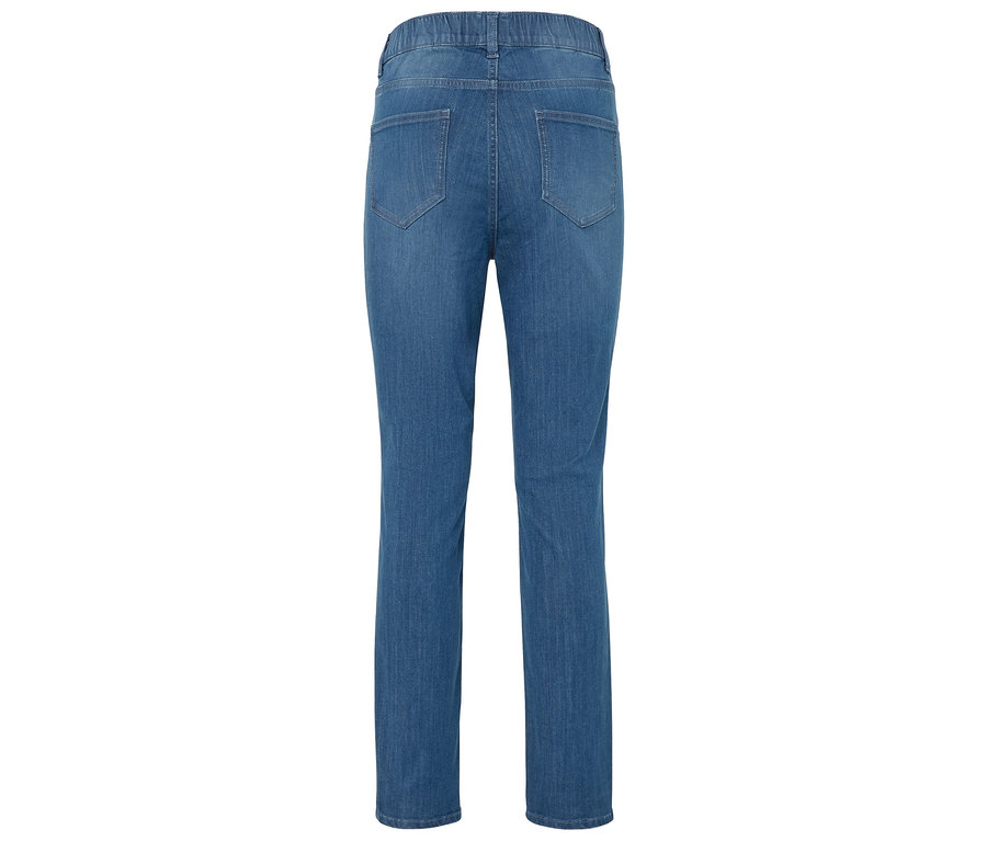 Rückansicht einer blauen Jeanshose mit geradem Bein.