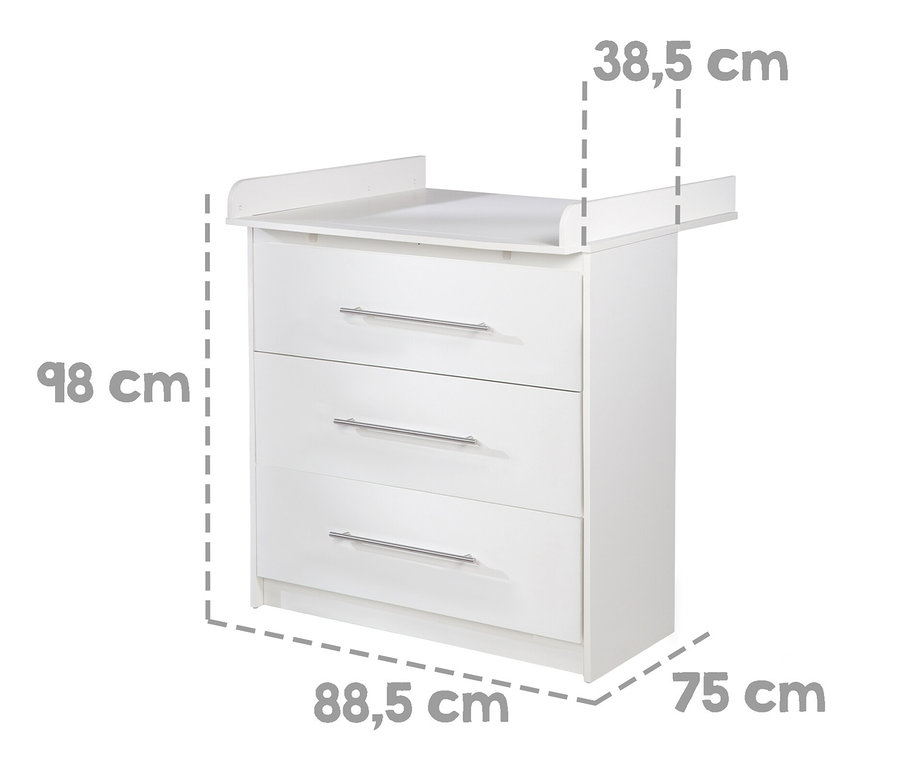 Weiße roba Wickelkommode »Maren« mit 3 Schubladen und schmalem Kinderzimmer-Set »Maren«. Die Maße sind 98 x 88,5 x 75 cm.