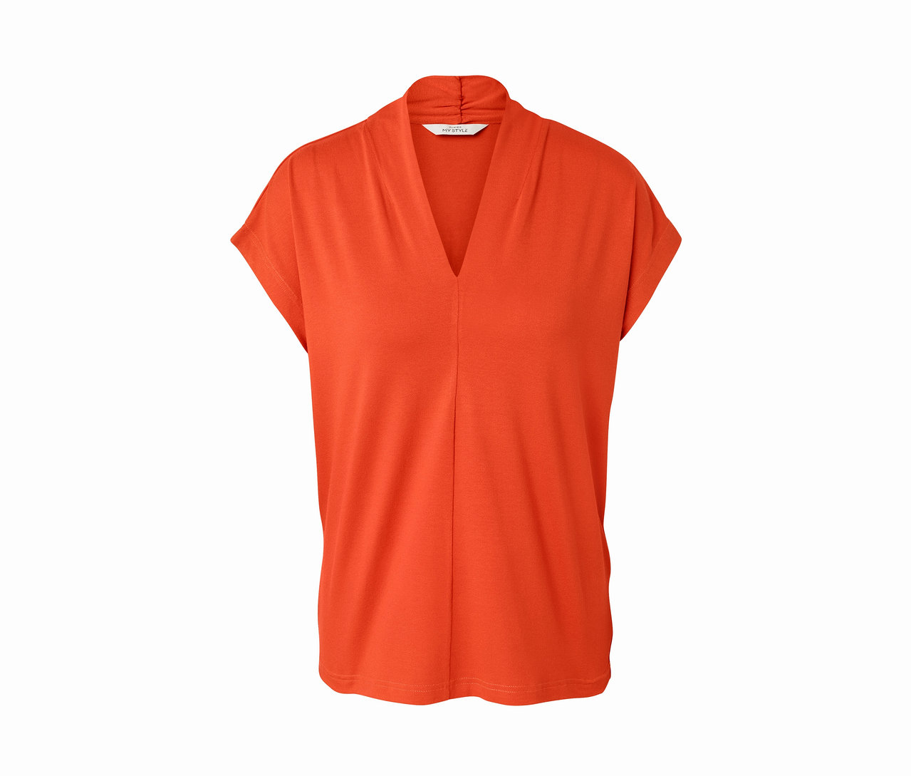 Orangefarbenes Blusenshirt mit V-Ausschnitt.