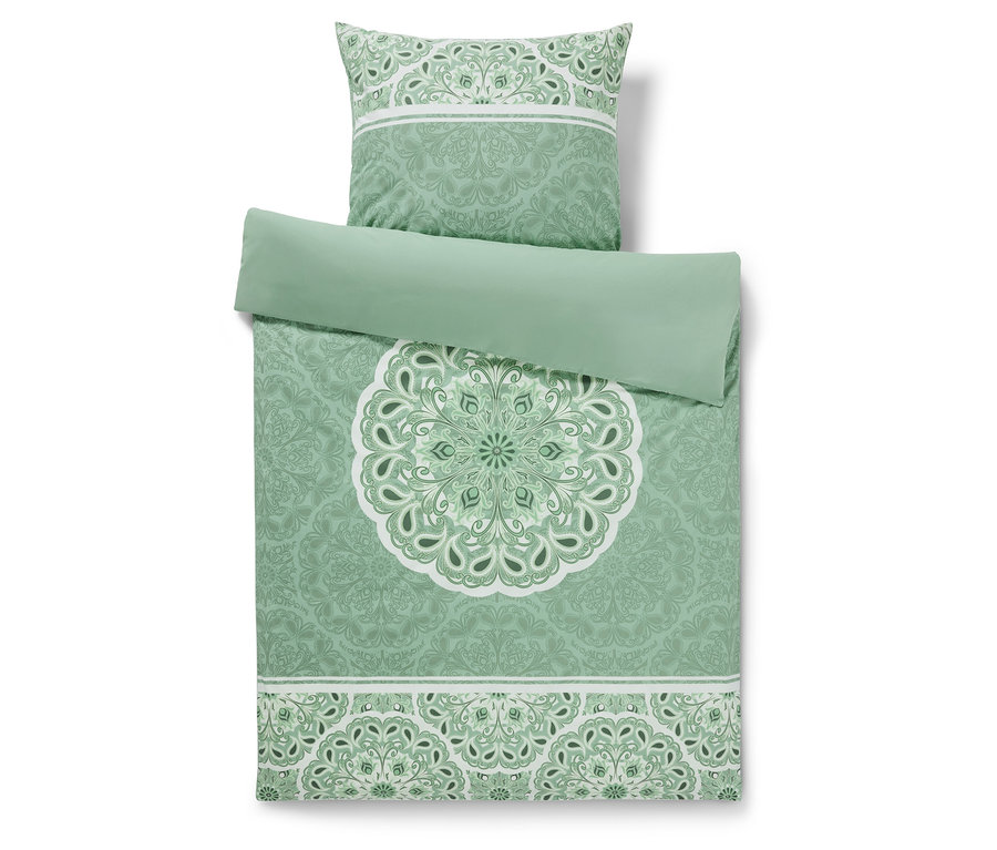 Grüne Renforcé-Bettwäsche mit Mandala in Normalgröße und Übergröße.