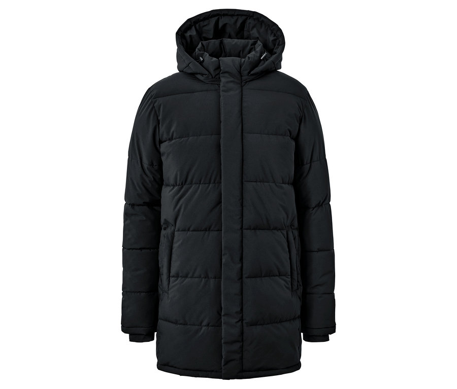 Schwarze gesteppte Winterjacke mit Kapuze.
