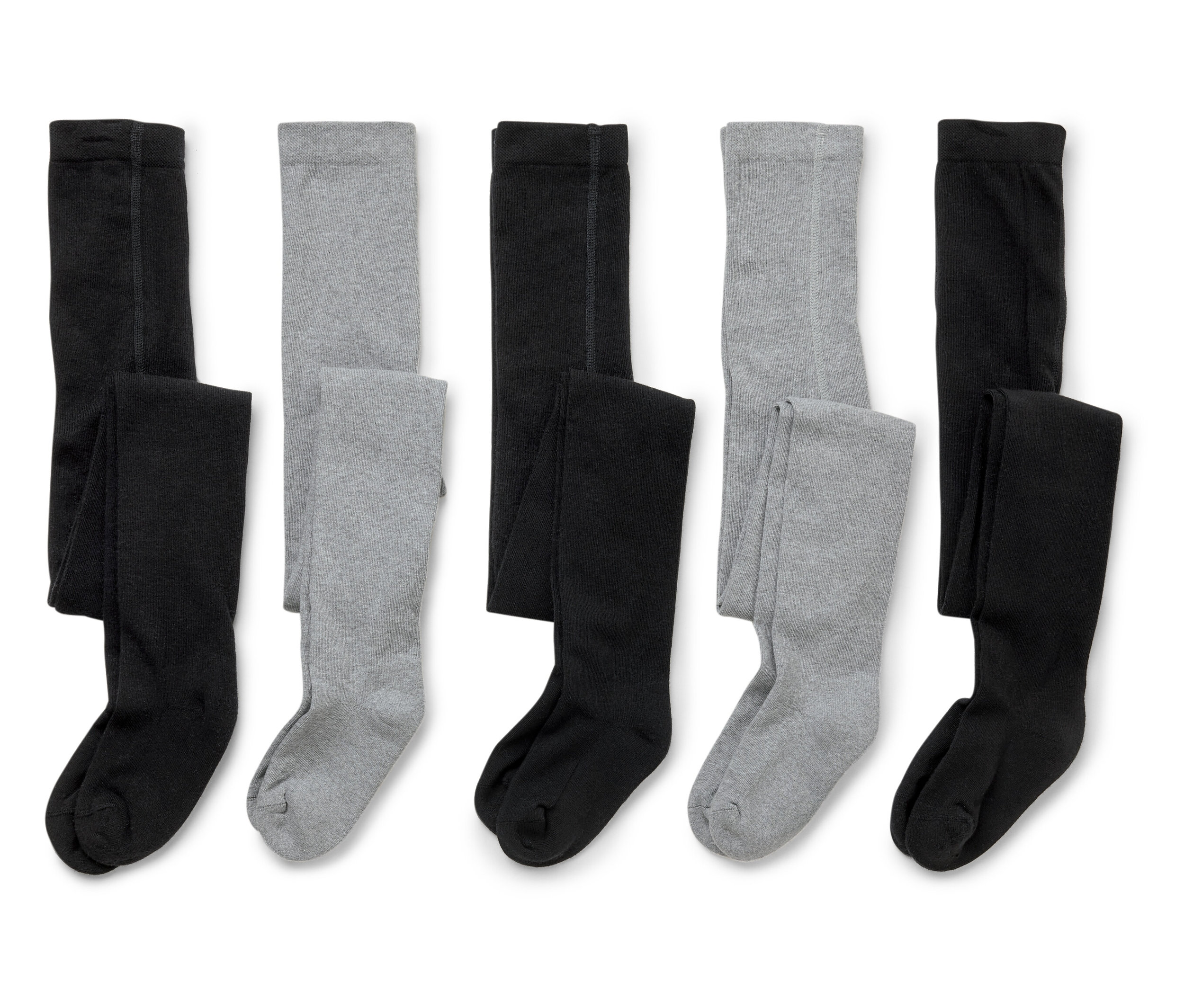 Fünf Paar Kinderstrumpfhosen liegen auf einem weißen Hintergrund, abwechselnd in Schwarz und Grau.