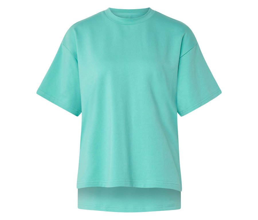 Kurzärmeliges mintgrünes Sweatshirt mit Rundhalsausschnitt und längerem Rückenteil.