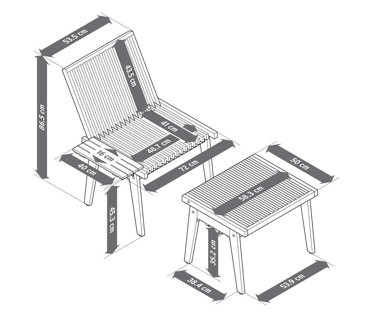 Diagramm eines flexiblen Plauderbank-Stuhls und eines Hockers mit Maßangaben.