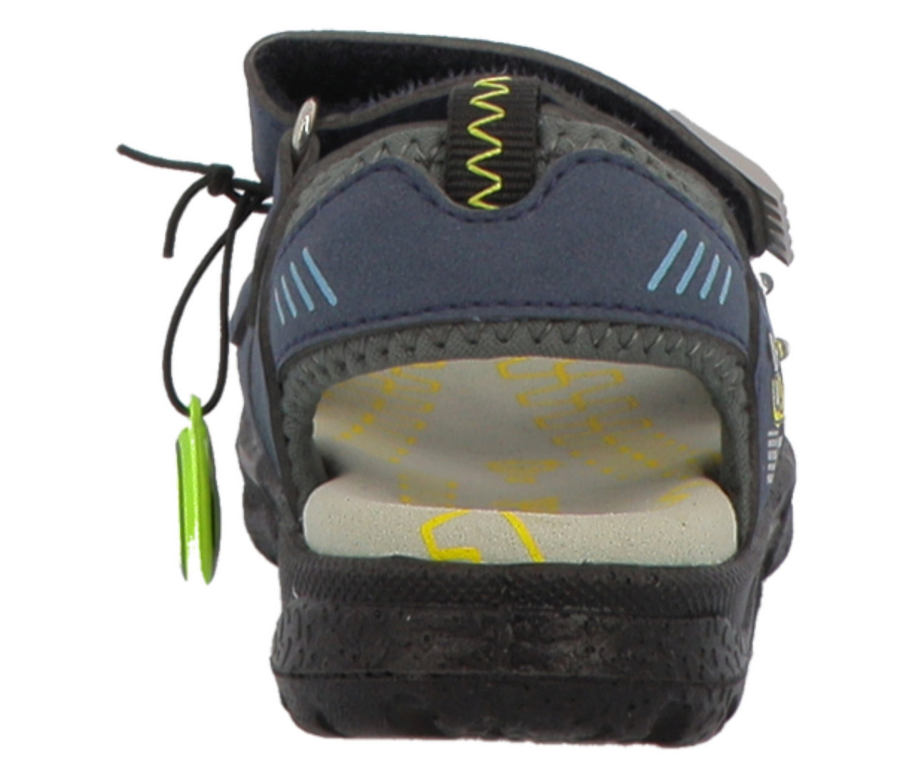 Rückansicht einer LURCHI Jungen-Sandale »Kodo« in Dunkelblau und Grau mit schwarzer Sohle, hellgrauem Fußbett mit gelben Mustern, Klettverschluss und einem schwarzen Kordelzug mit grünem Stopper.