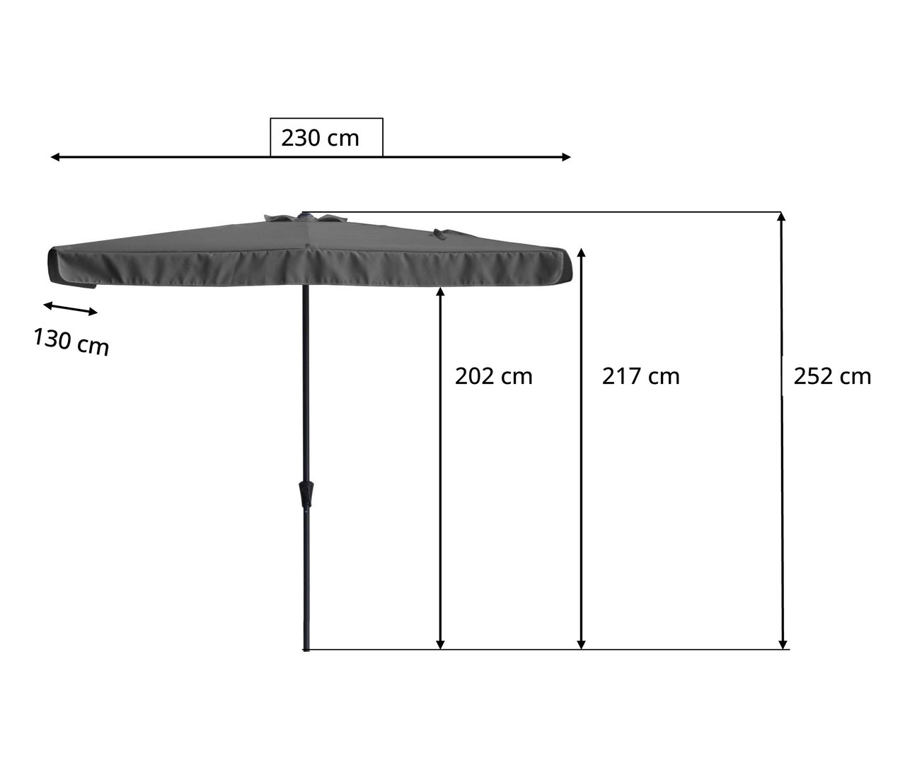 Eine Illustration eines grauen Sonnenschirms mit Maßangaben.