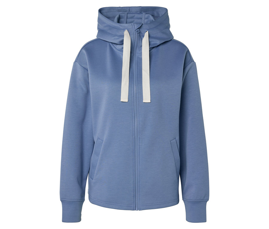 Eine blaue Kapuzenjacke mit durchgehendem Reißverschluss und weißen Kordeln.