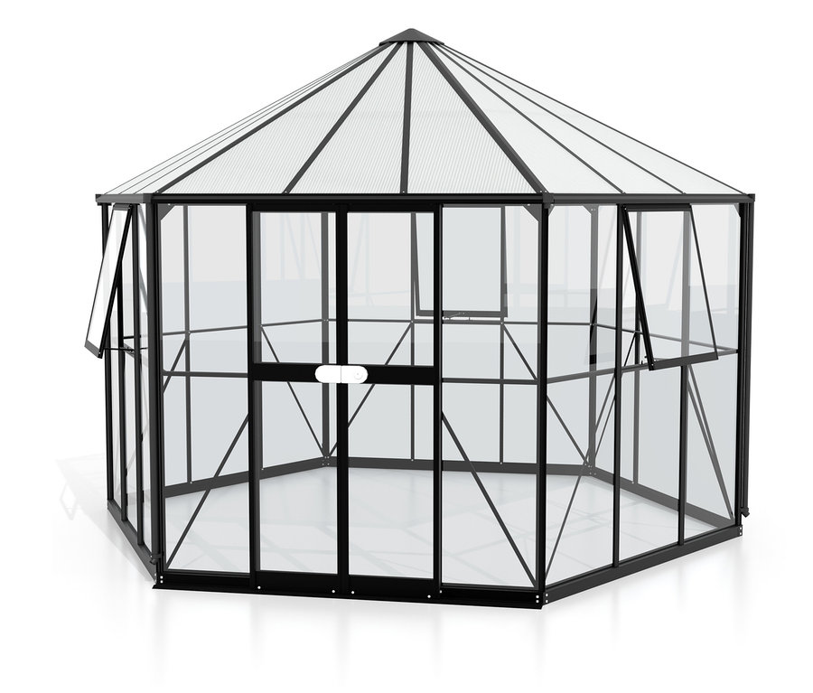 Das schwarze Vitavia Gewächshaus Pavillion 9 m² inkl. Fundamentrahmen mit geöffneten Fenstern und einer Tür ist von außen zu sehen.