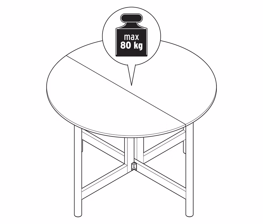 Draufsicht auf einen runden Tisch mit vier Beinen und einer Grafik, die ein Gewicht mit der Aufschrift "max. 80 kg" zeigt.
