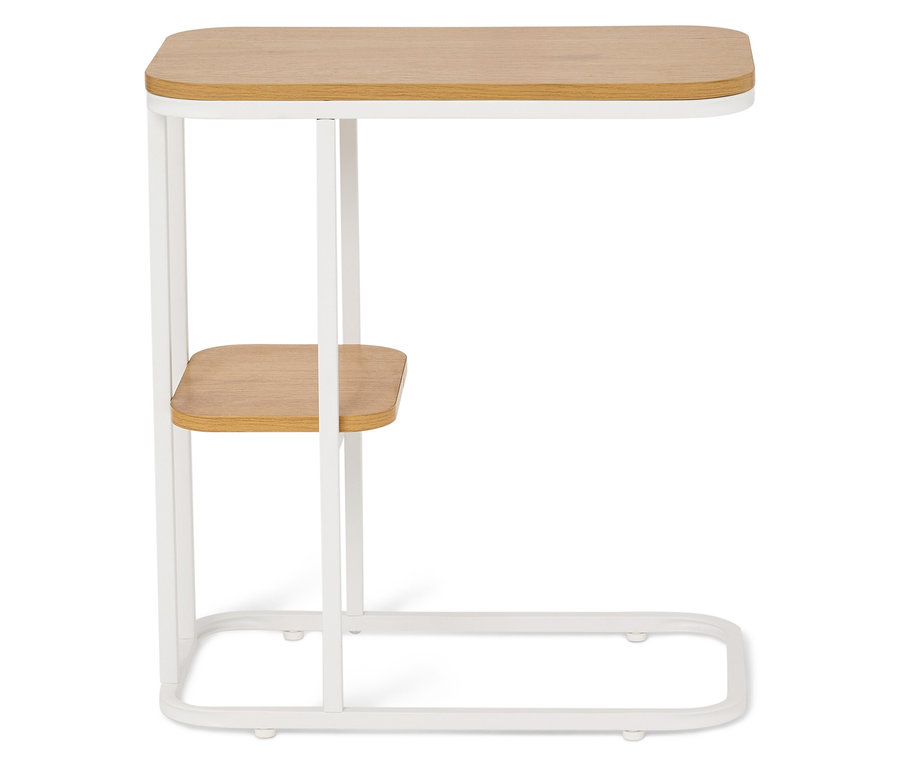 Beistelltisch mit hellbrauner Tischplatte und weißem Gestell.