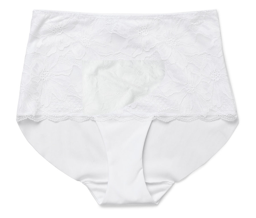Weißer Damen-Slip mit hoher Taille und floraler Spitze.