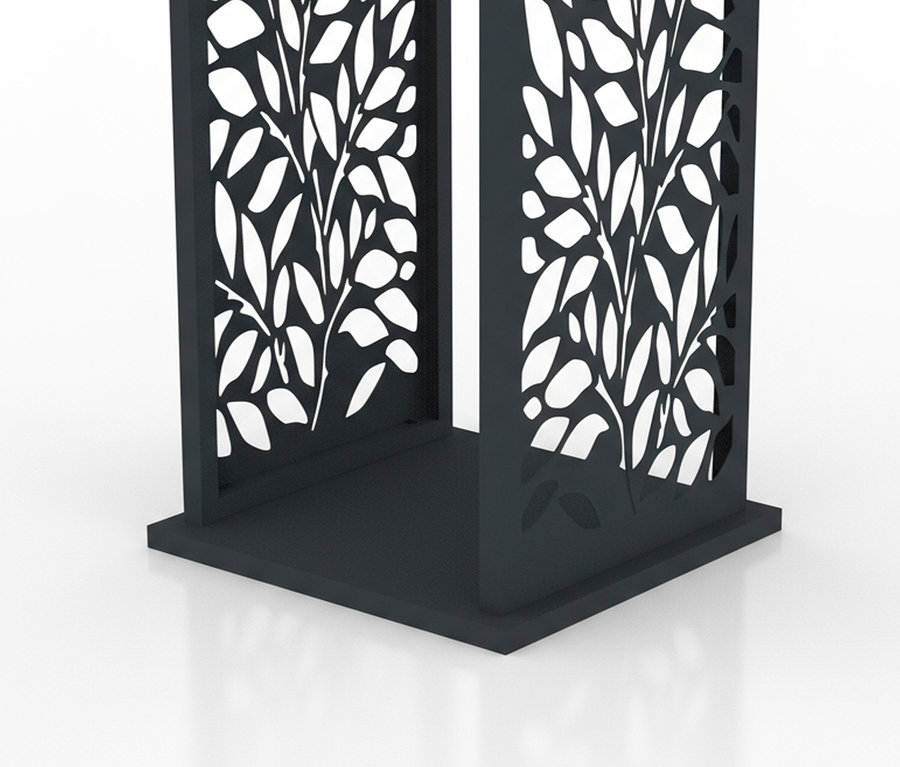 Dekorative, dunkle Säule mit ausgeschnittenem Blattmuster auf weißem Hintergrund.