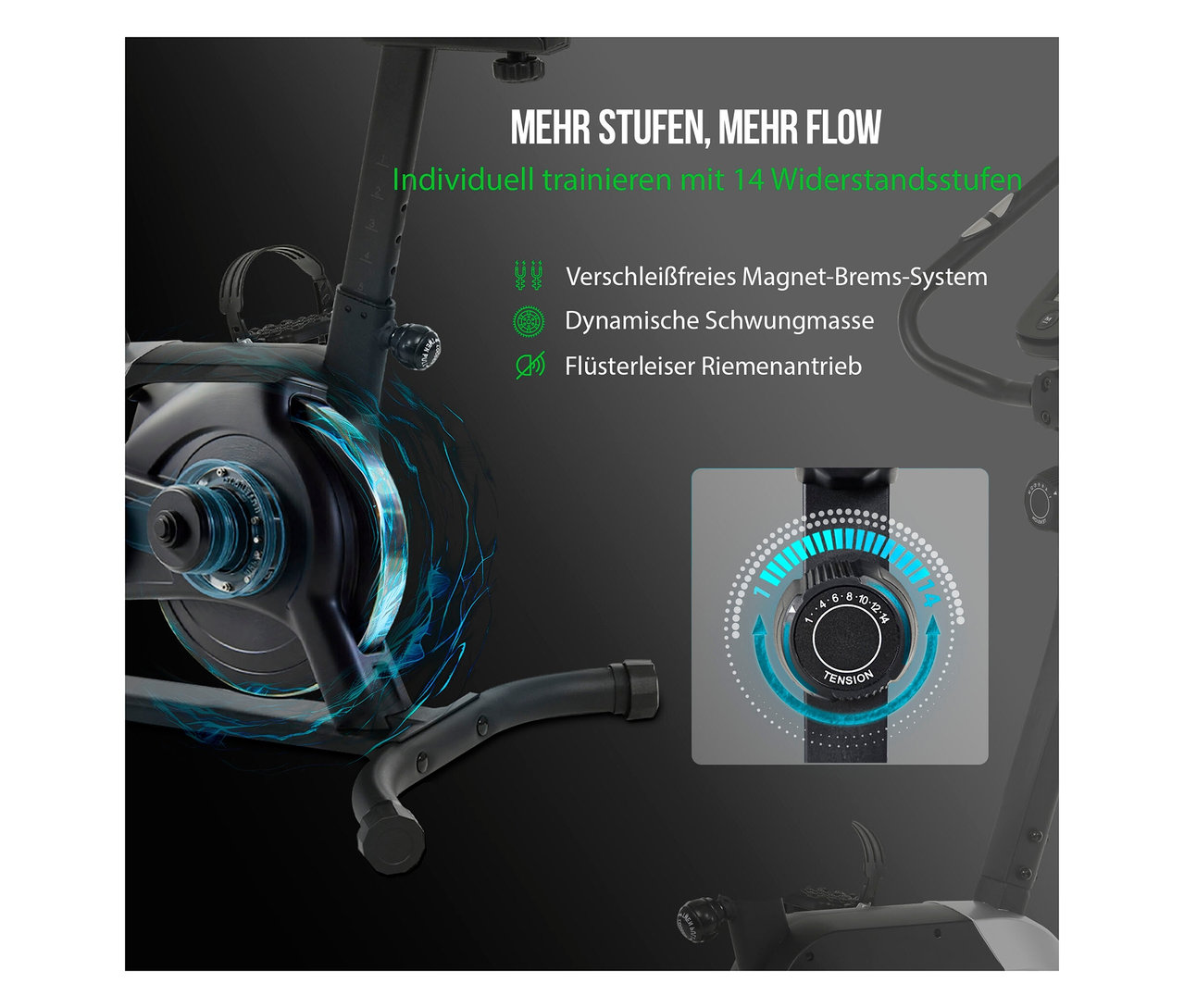 Nahaufnahme des Christopeit Heimtrainer "Active", der Widerstandsstufen und Komponenten zeigt.