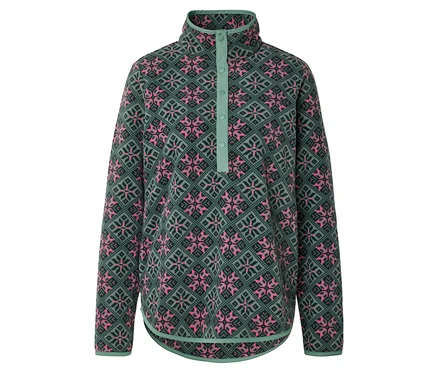 Grün-rosa gemusterter Fleecepullover mit Knopfleiste am Kragen.
