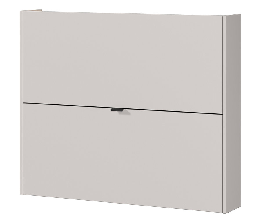 Ein grauer Schuhschrank mit zwei Fächern und einem schwarzen Griff ist an der Wand befestigt.