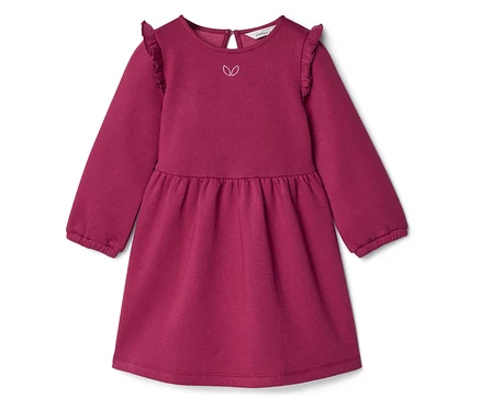 Burgunderrotes, langärmliges Kleid mit Rüschen an den Schultern und einem weißen Blätter-Motiv auf der Brust.