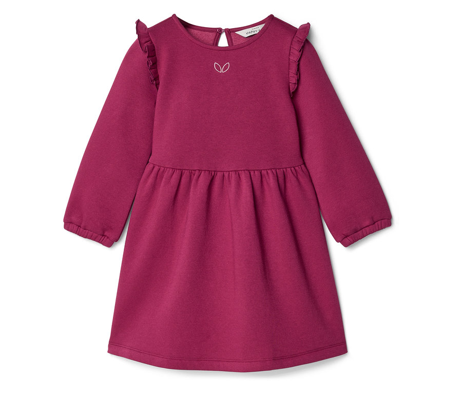 Burgunderrotes, langärmliges Kleid mit Rüschen an den Schultern und einem weißen Blätter-Motiv auf der Brust.
