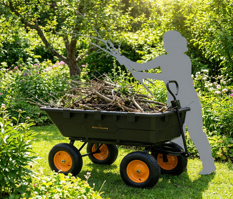 Silhouette einer Person, die Äste in den Westmann »Prakta L« Gartenwagen mit Kippfunktion legt. Der Wagen ist mit Ästen gefüllt.
