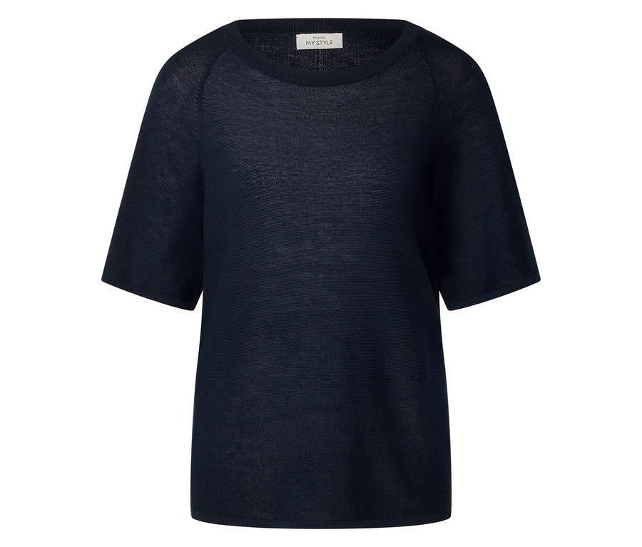 Blaues Kurzarm-T-Shirt mit Rundhalsausschnitt.