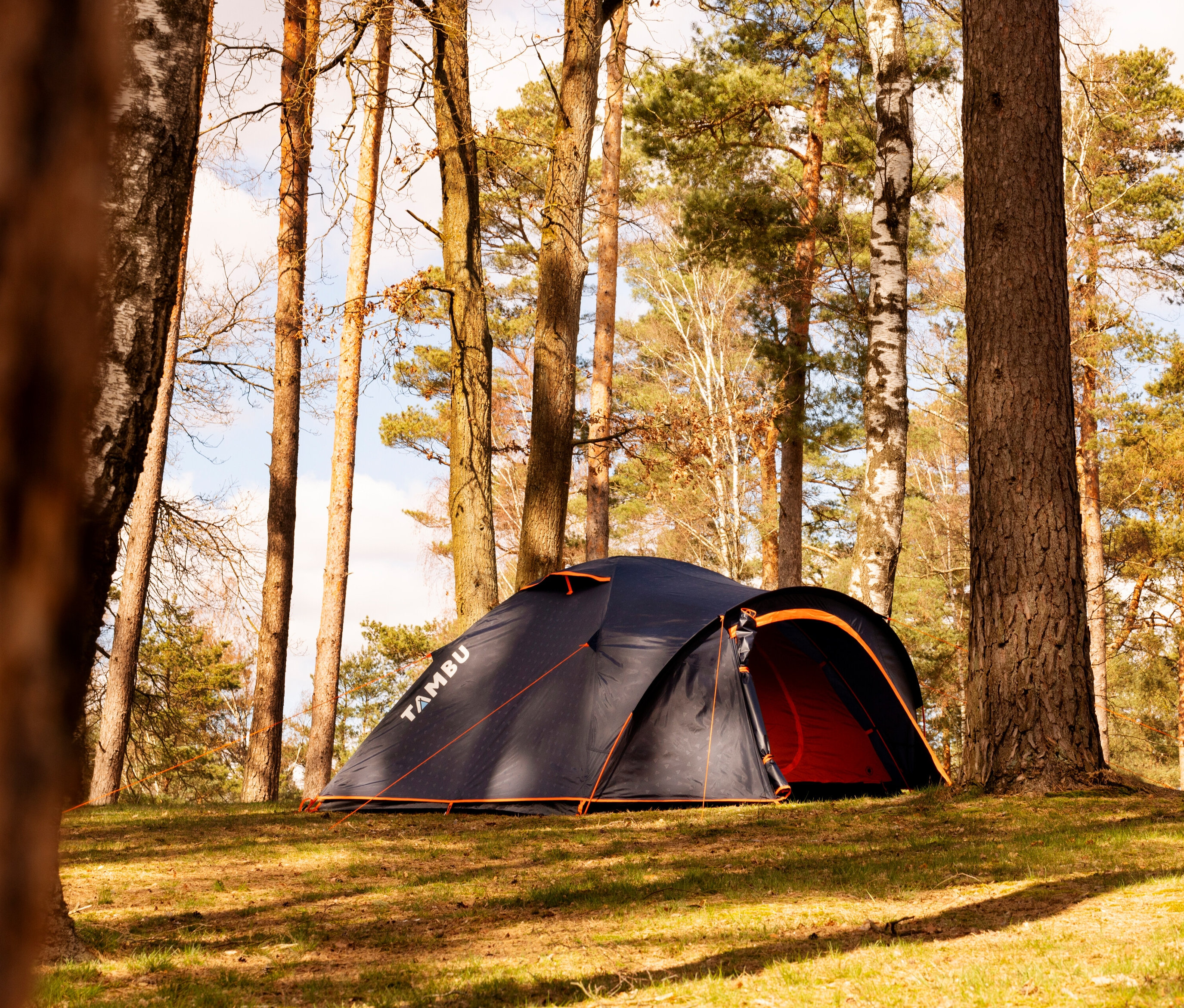 Im Wald steht ein Tambu »HAIKA 2« 2-Personen-Kuppelzelt.