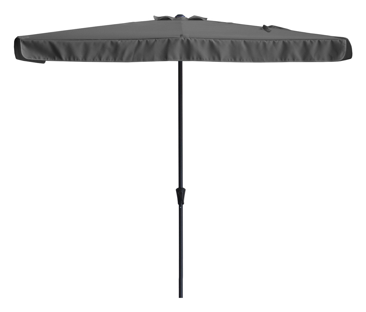 Grauer, rechteckiger Sonnenschirm mit schwarzem Mast.