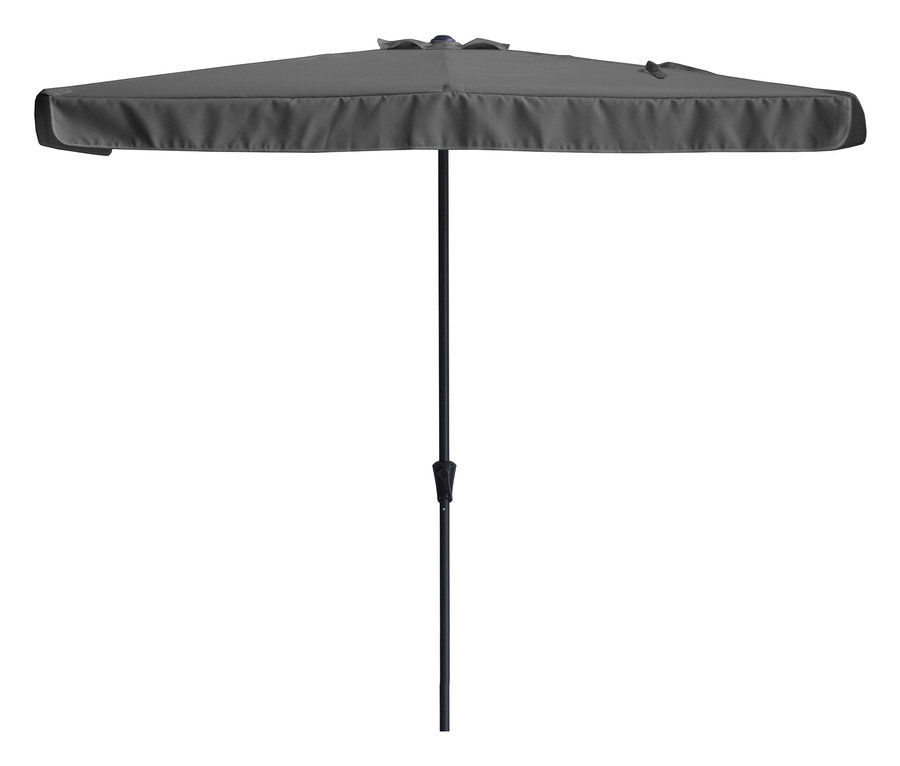 Grauer, rechteckiger Sonnenschirm mit schwarzem Mast.