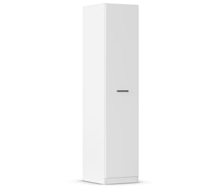 Weißer, schmaler Schrank steht auf einem weißen Untergrund.