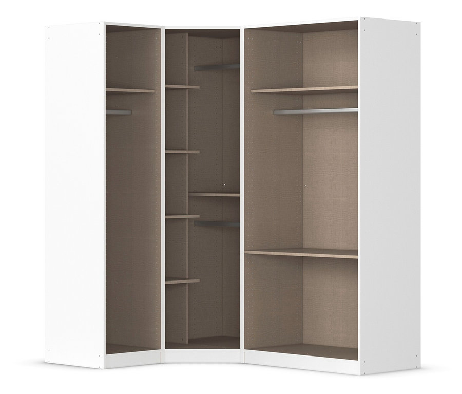 Weißer Eckkleiderschrank mit Regalen und Kleiderstangen, Innenraum beige.