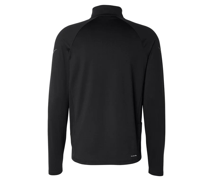 Rückansicht einer schwarzen, langärmeligen Jacke mit Reißverschluss.