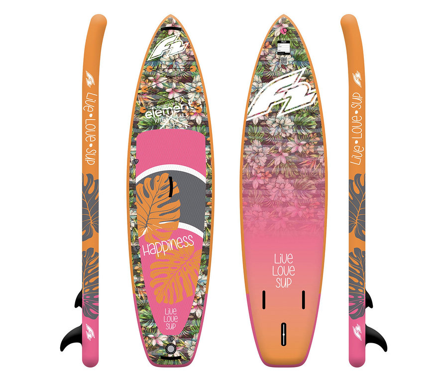 Das F2 SUP Board »Happiness« (Board only) mit Blumenmuster steht aufrecht, Seitenansichten zeigen das orangefarbene Design.
