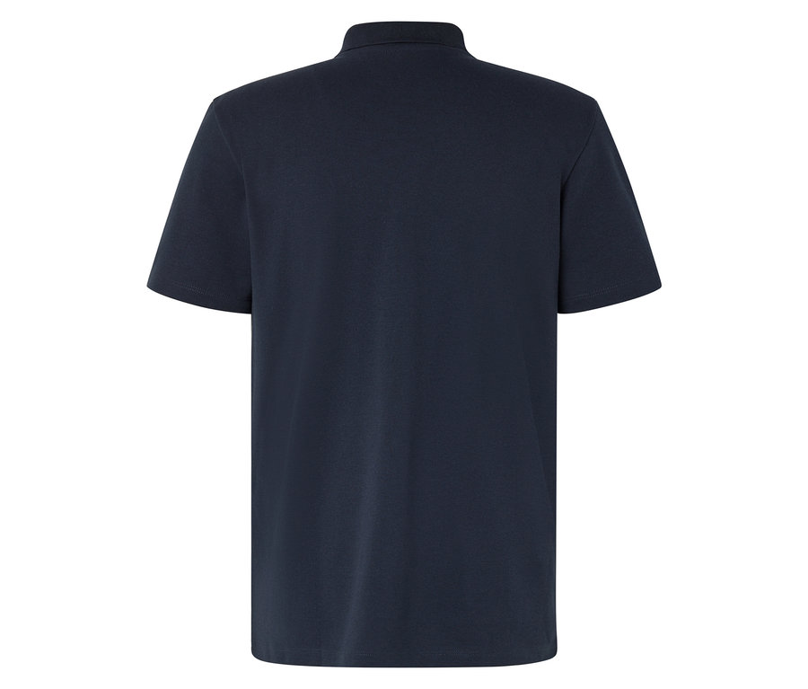 Rückansicht eines marineblauen Poloshirts mit kurzen Ärmeln und Kragen.