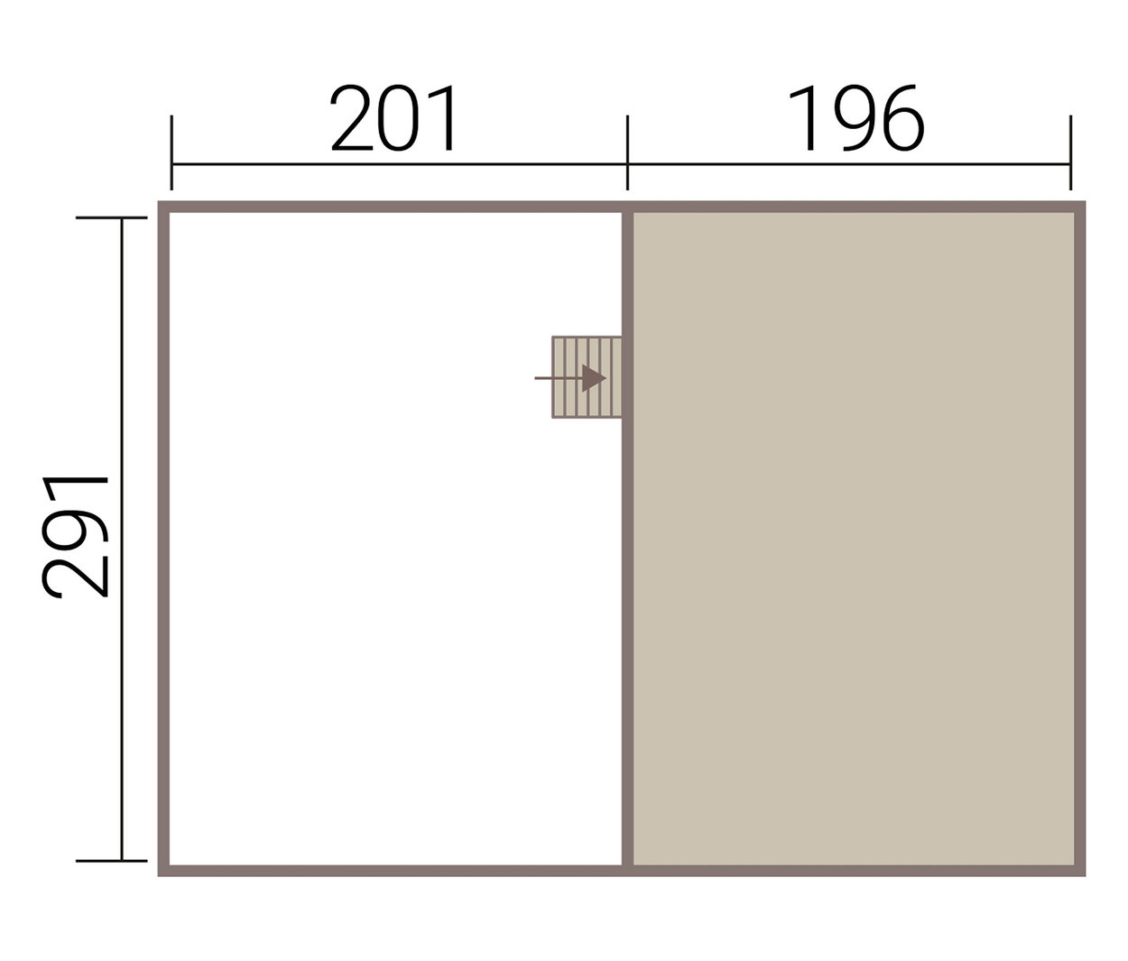 Draufsicht des Weka Designhauses mit Schlafboden »M445A« und 44 cm Wandstärke, mit Maßangaben.