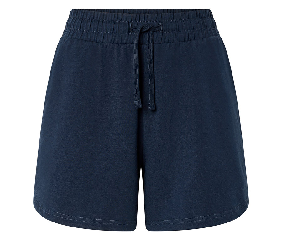 Nahaufnahme von marineblauen Shorts mit Kordelzug.
