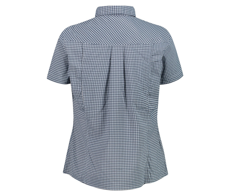 Rückansicht eines karierten, taillierten Kurzarmhemds.