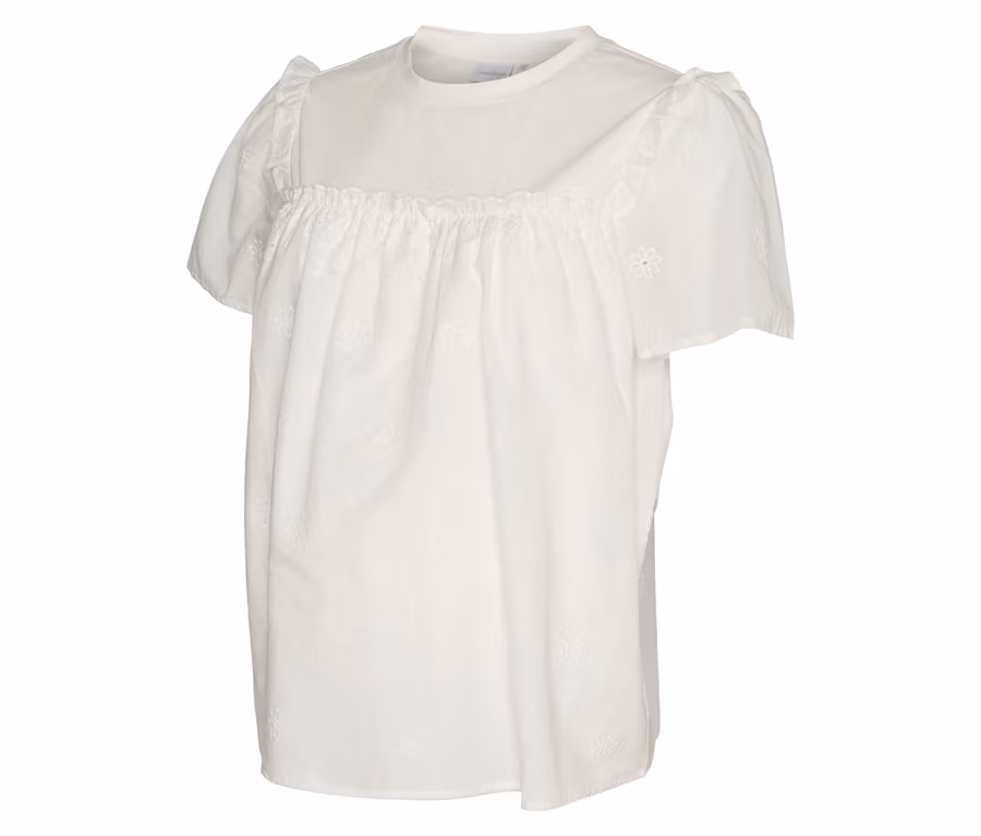 Weißes MAMALICIOUS Top »MLDORA« mit Rundhalsausschnitt, kurzen Puffärmeln, geraffter Brustpartie und Blumenstickerei.