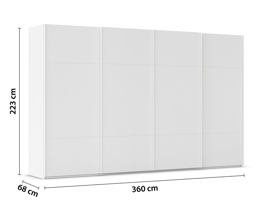 Weißer Schiebetürenschrank mit vier Türen und den Maßen 223 cm Höhe, 68 cm Tiefe und 360 cm Breite.
