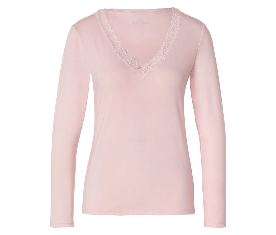 Rosa Langarmshirt mit V-Ausschnitt und weißer Spitze.
