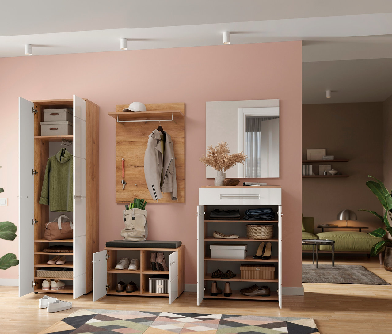 Flur mit Schuhbank »Aledo«, Garderobe, Spiegel und Teppich. Im Hintergrund ist ein Wohnzimmer zu sehen.