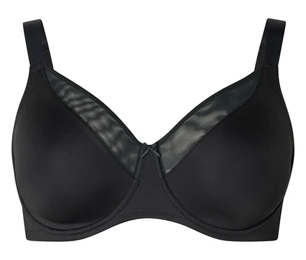 Schwarzer BH mit blickdichten Cups, transparenten Netzeinsätzen an den oberen Cups und einer kleinen Schleife in der Mitte.
