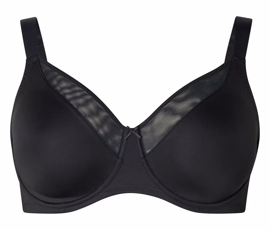 Schwarzer BH mit blickdichten Cups, transparenten Netzeinsätzen an den oberen Cups und einer kleinen Schleife in der Mitte.
