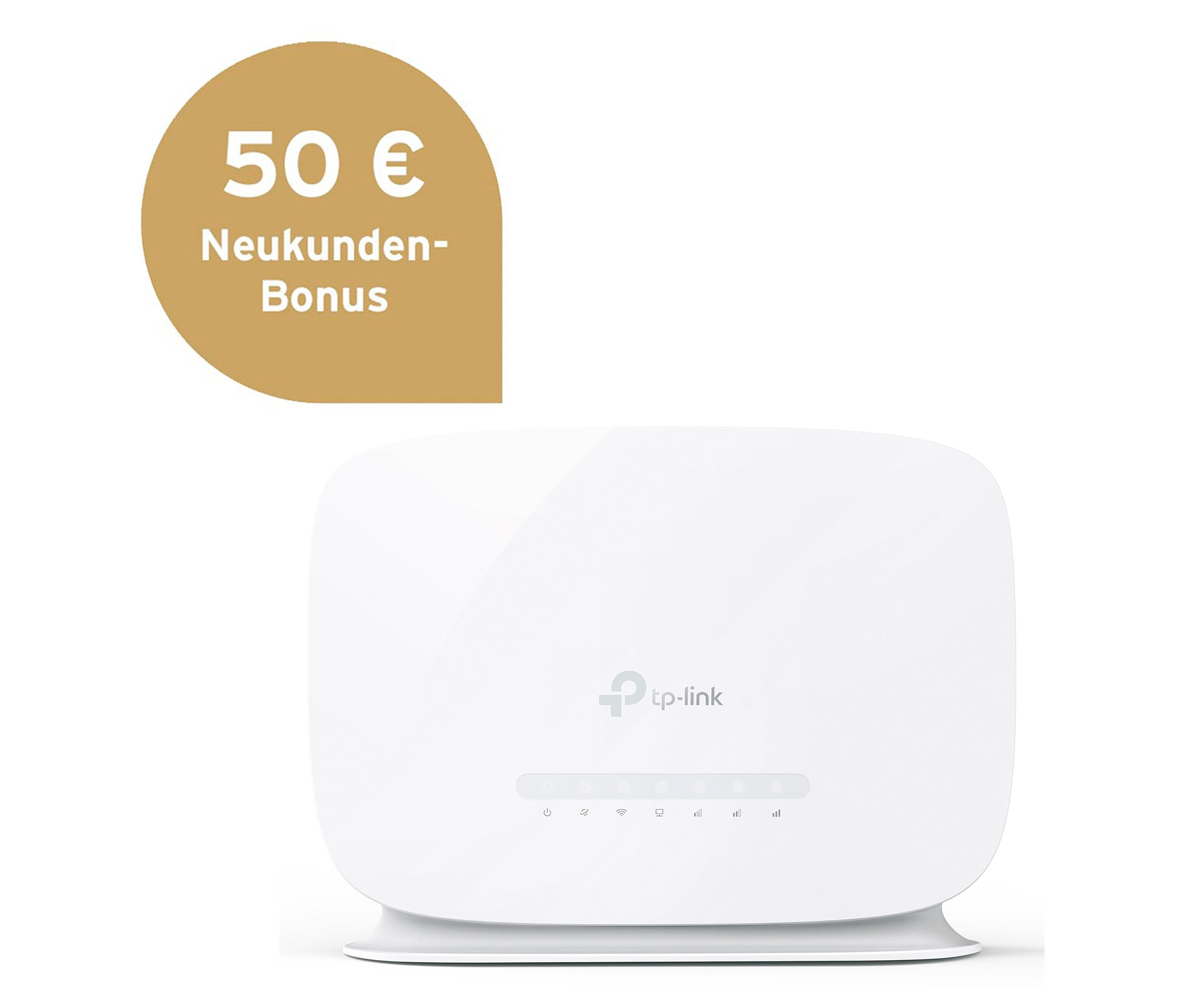 Weißer Homespot-Router LTE TP-Link vor weißem Hintergrund. Oben links befindet sich ein Banner mit einem 50€ Neukunden-Bonus.