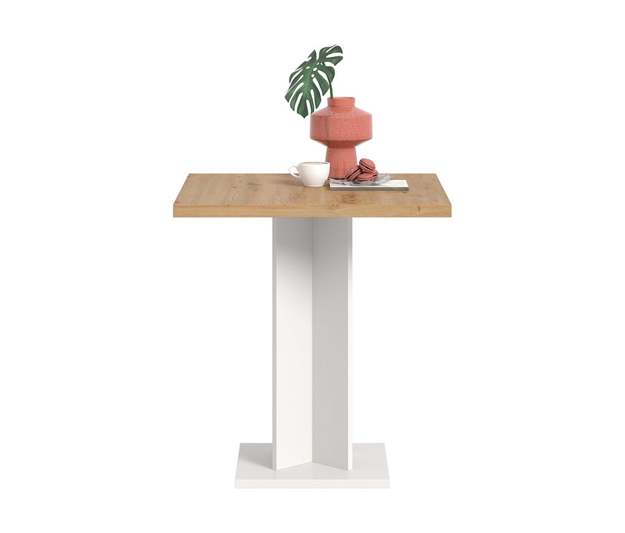 Der xonox Esstisch »Victor« mit heller Holzplatte und weißem Säulenfuß, dekoriert mit einer rötlichen Vase, einem Monstera-Blatt, einer weißen Tasse und rosa Macarons.